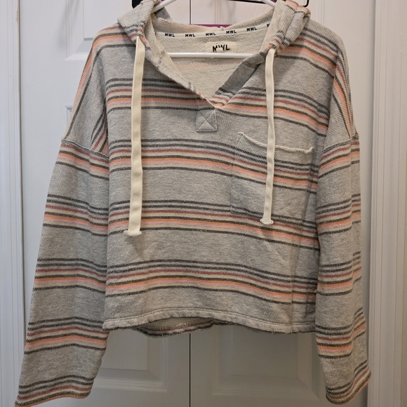 Madewell Sweaters - Striped Hooded Cropped Sweater - Gray with Coral Stripes
